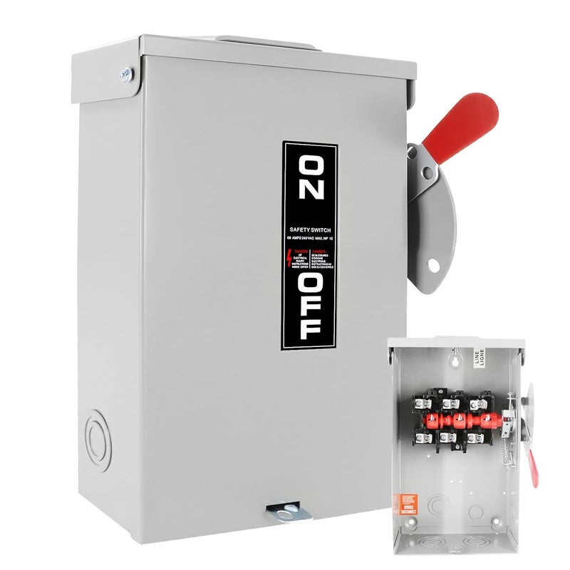 Sukubiui 60 Amp Disconnect Switch Box, 3 Pole Safety Switch, Non-Fusible, Heavy Duty Steel, NEMA 3R Rated, for Indoor & Outdoor Use, 240V/120V, 3 Phase, 10-Year Warranty - Image 1